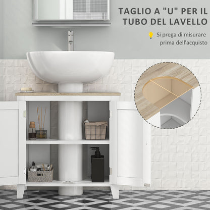 kleankin U-shaped bathroom vanity unit with adjustable internal shelf, in MDF, 60x30x60 cm, white and wood color