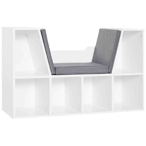 2-in-1 6-Section Bookcase with Soft Cushions, Made of Wood, Sponge and Polyester, 102x30x61 cm, White