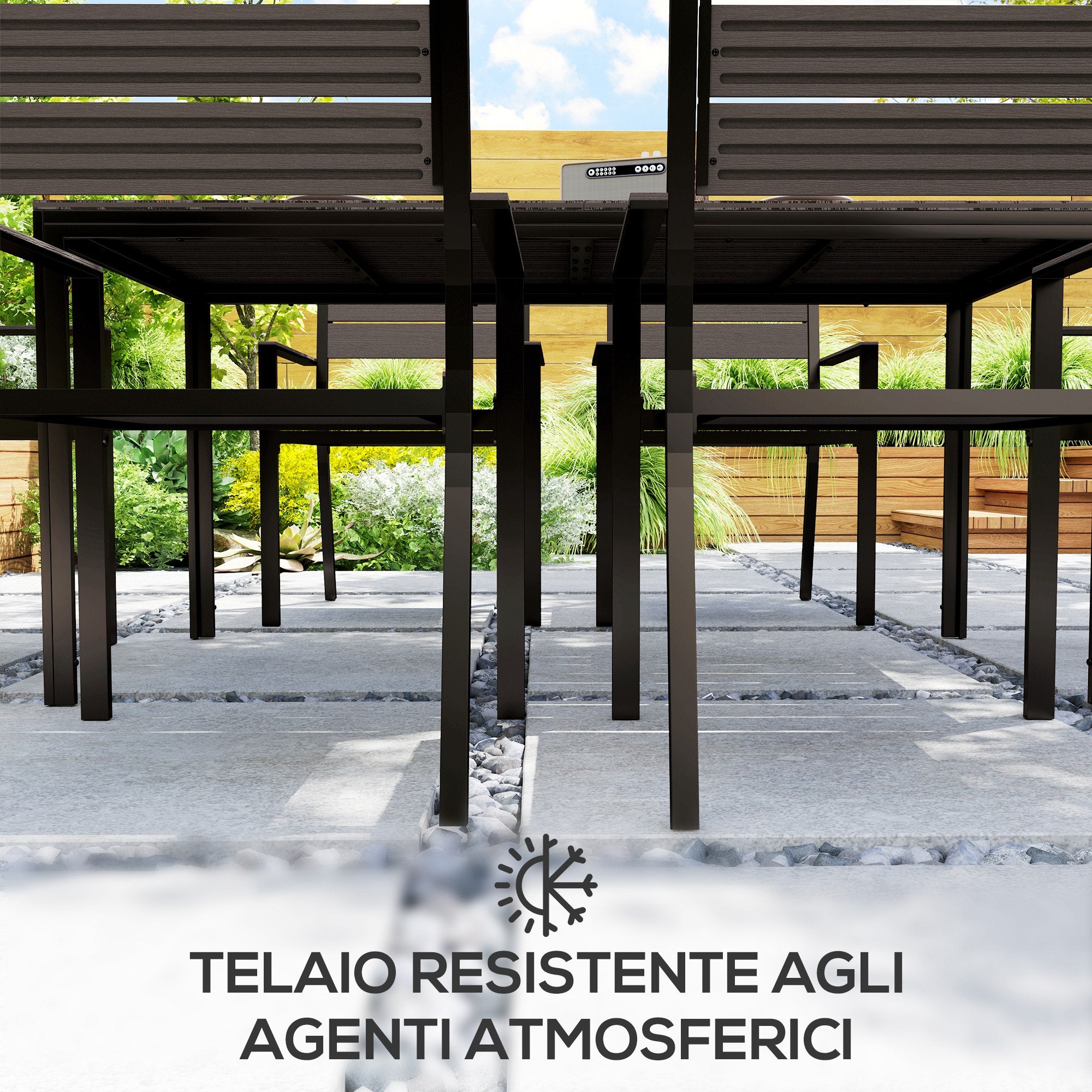 Outdoor Set with Rectangular Dining Table and 6 Stackable Chairs with Armrests, Brown