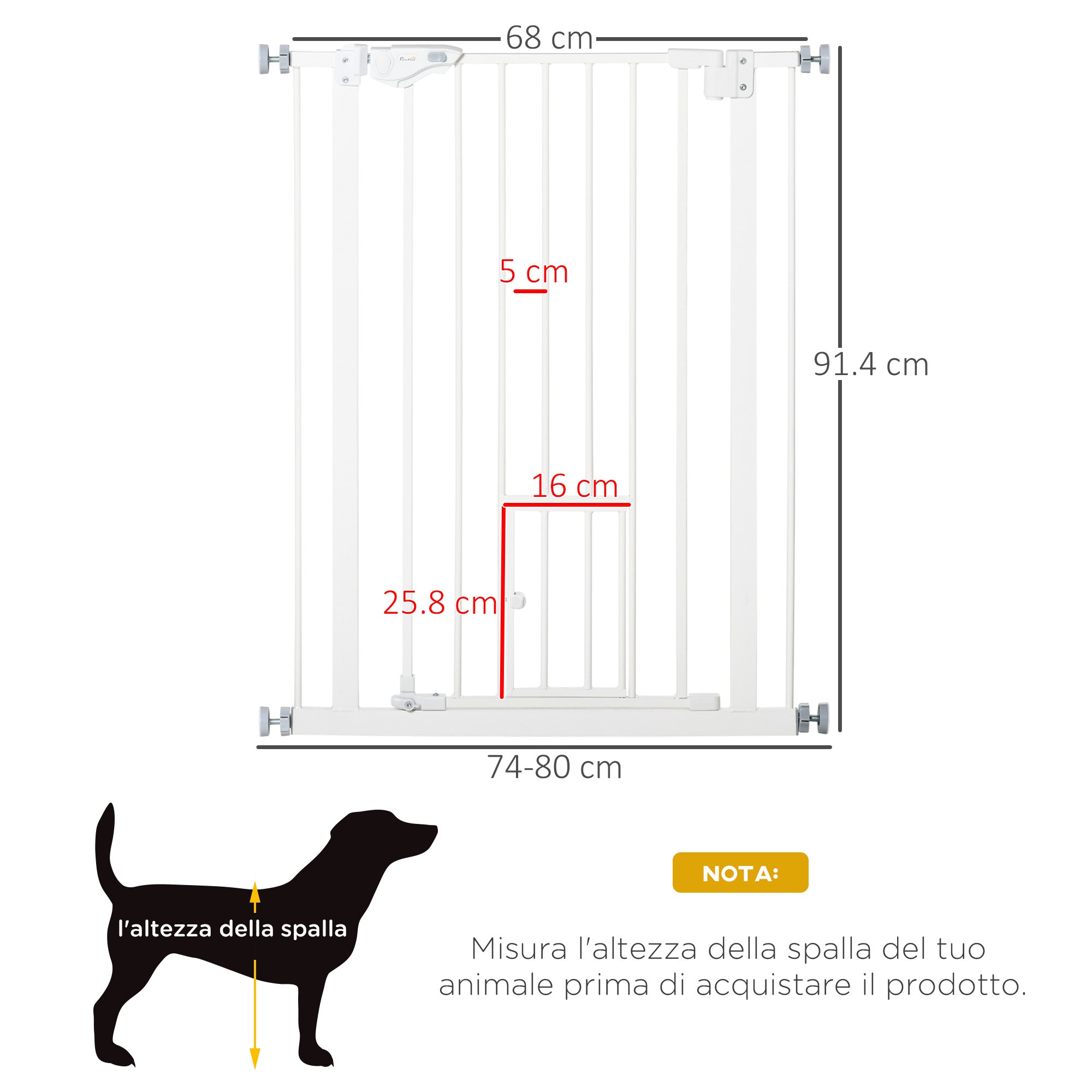 Dog Gate with Small Door, Pressure Fit and Self-Closing, 74-80x91.4cm, White