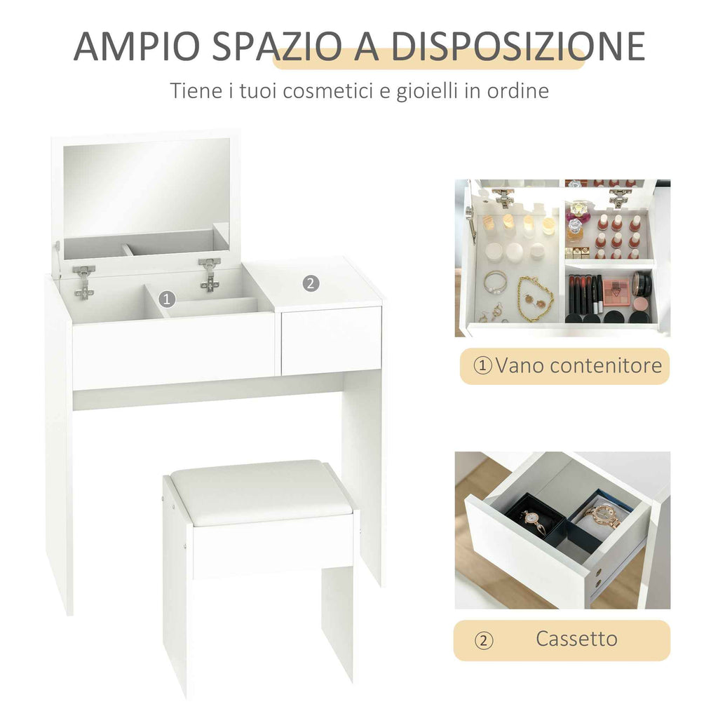 HOMCOM Vanity Table with Folding Mirror, Modern Makeup Table with Stool, 4-Compartment Storage Compartment, White MDF, 80x40x79 cm