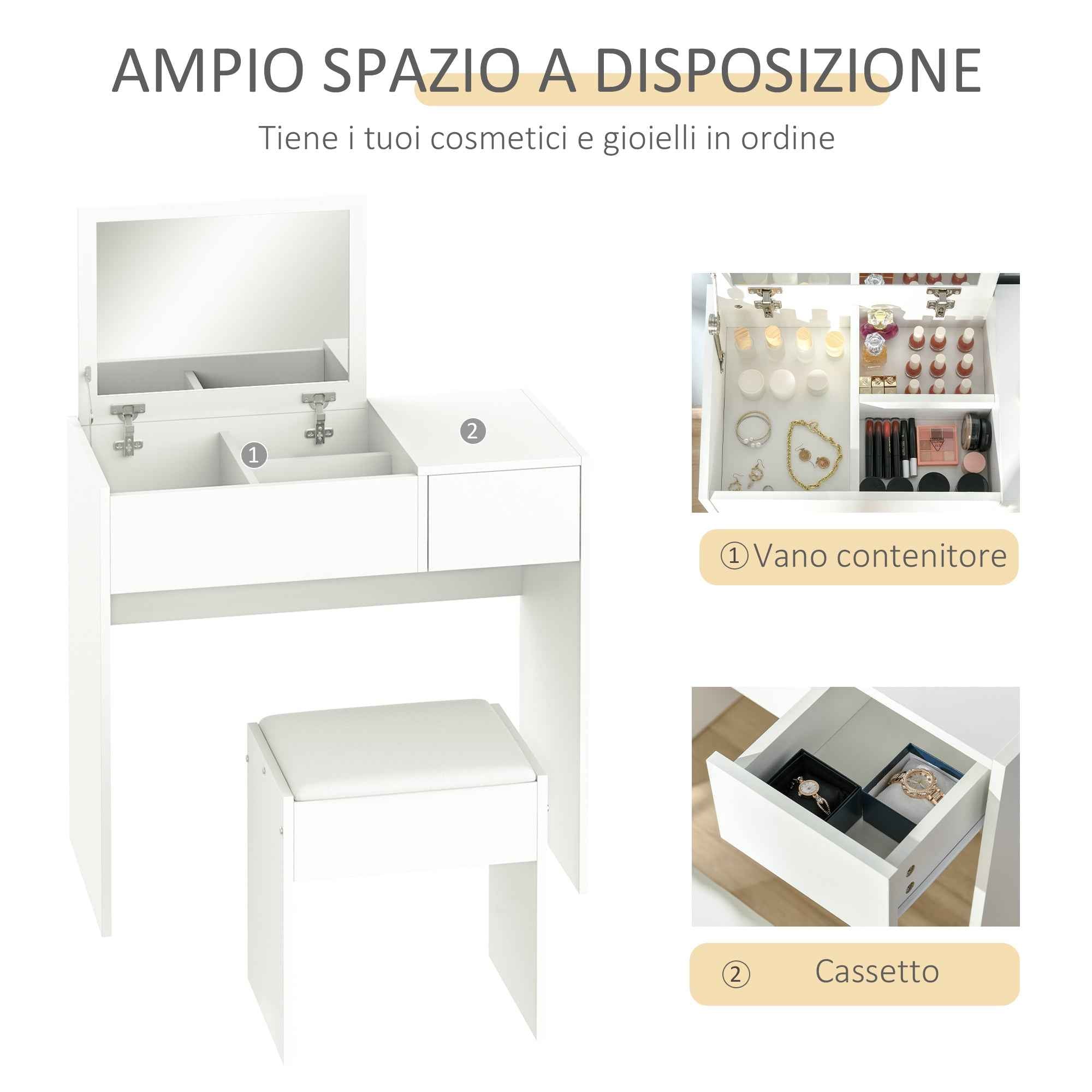 HOMCOM Vanity Table with Folding Mirror, Modern Makeup Table with Stool, 4-Compartment Storage Compartment, White MDF, 80x40x79 cm