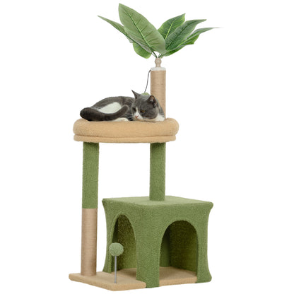 Cat Scratching Tree with House, Bed and 2 Balls, Made of Wood and Polyester, 44x30x98 cm, Green and Brown