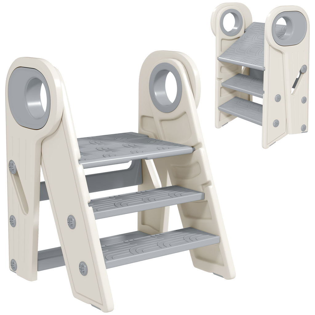 AIYAPLAY Montessori Tower for Children, Foldable, 3-Step Adjustable, with Handle and Non-Slip Surface, Grey