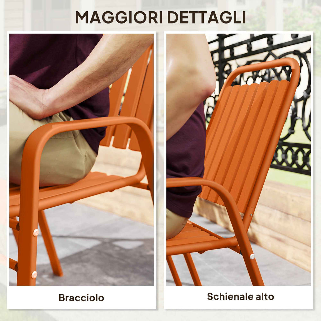 Outsunny Set of 4 Stackable Garden Chairs with High Backrest and Armrests, in PP and Steel, 56x66x91 cm, Orange