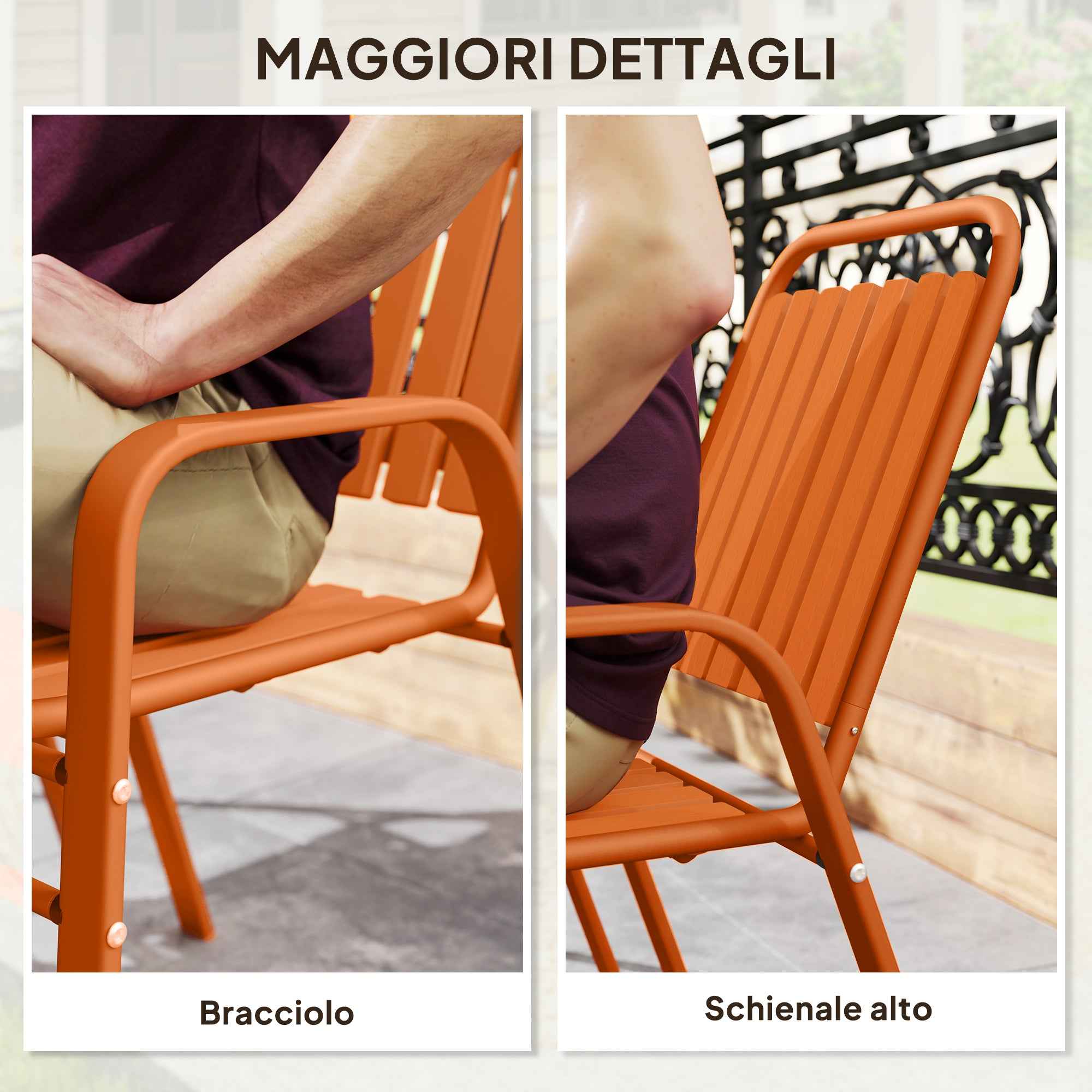 Outsunny Set of 4 Stackable Garden Chairs with High Backrest and Armrests, in PP and Steel, 56x66x91 cm, Orange