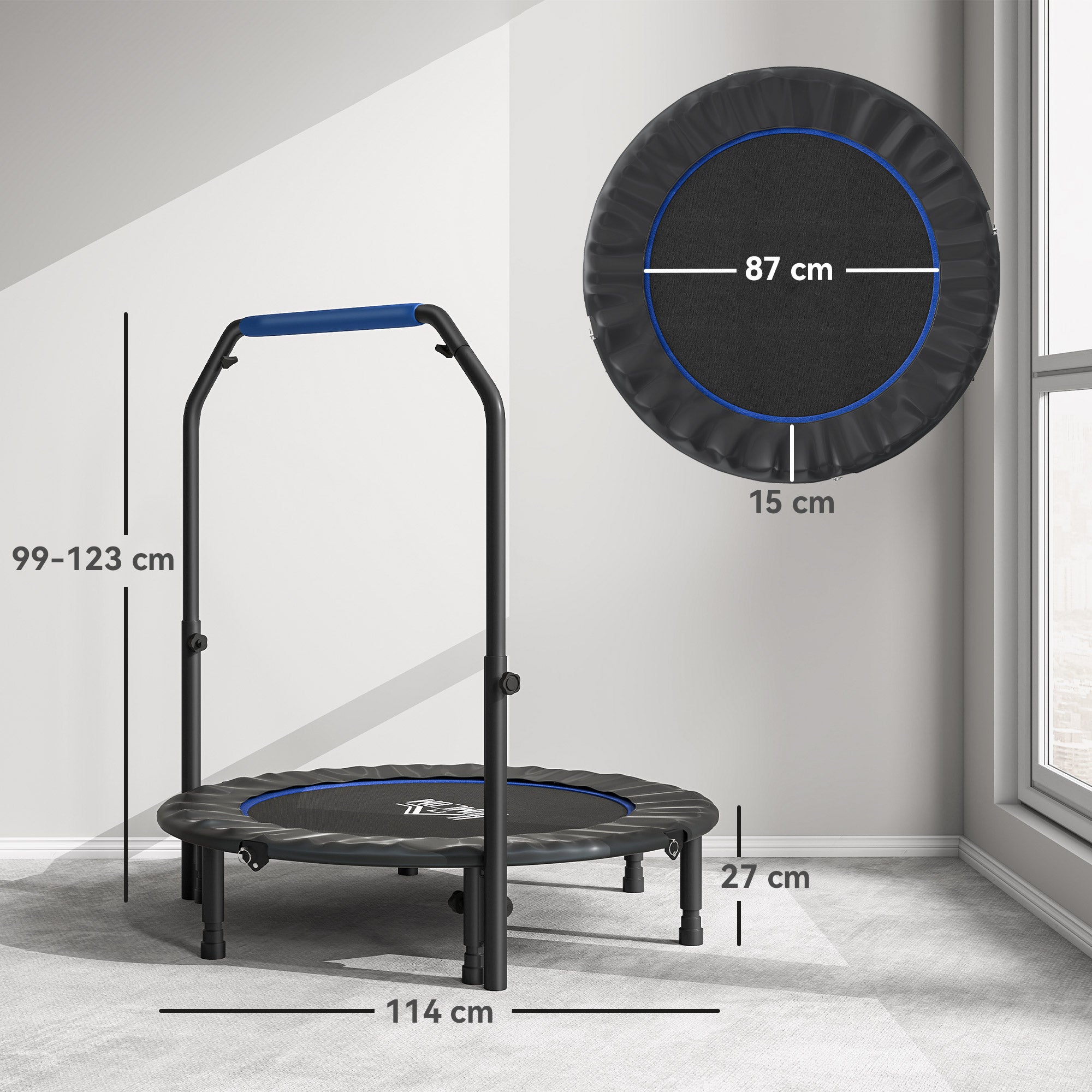 HOMCOM Mini Fitness Trampoline Ø114 cm Foldable with Height-Adjustable Handlebar, Blue and Black