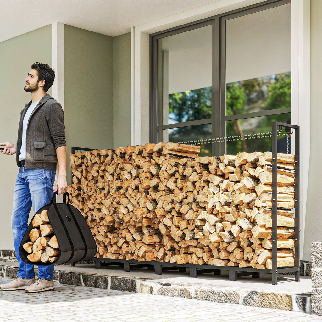 0.8m³ Adjustable Firewood Shed with Waterproof Tarpaulin and Steel Chains, 235x31x116cm, Black