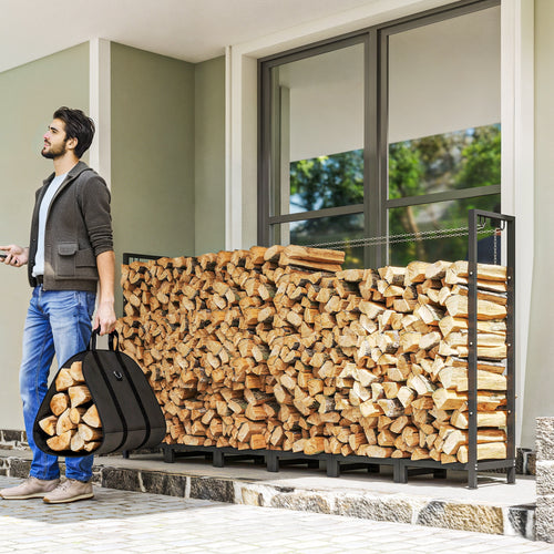 0.8m³ Adjustable Firewood Shed with Waterproof Tarpaulin and Steel Chains, 235x31x116cm, Black