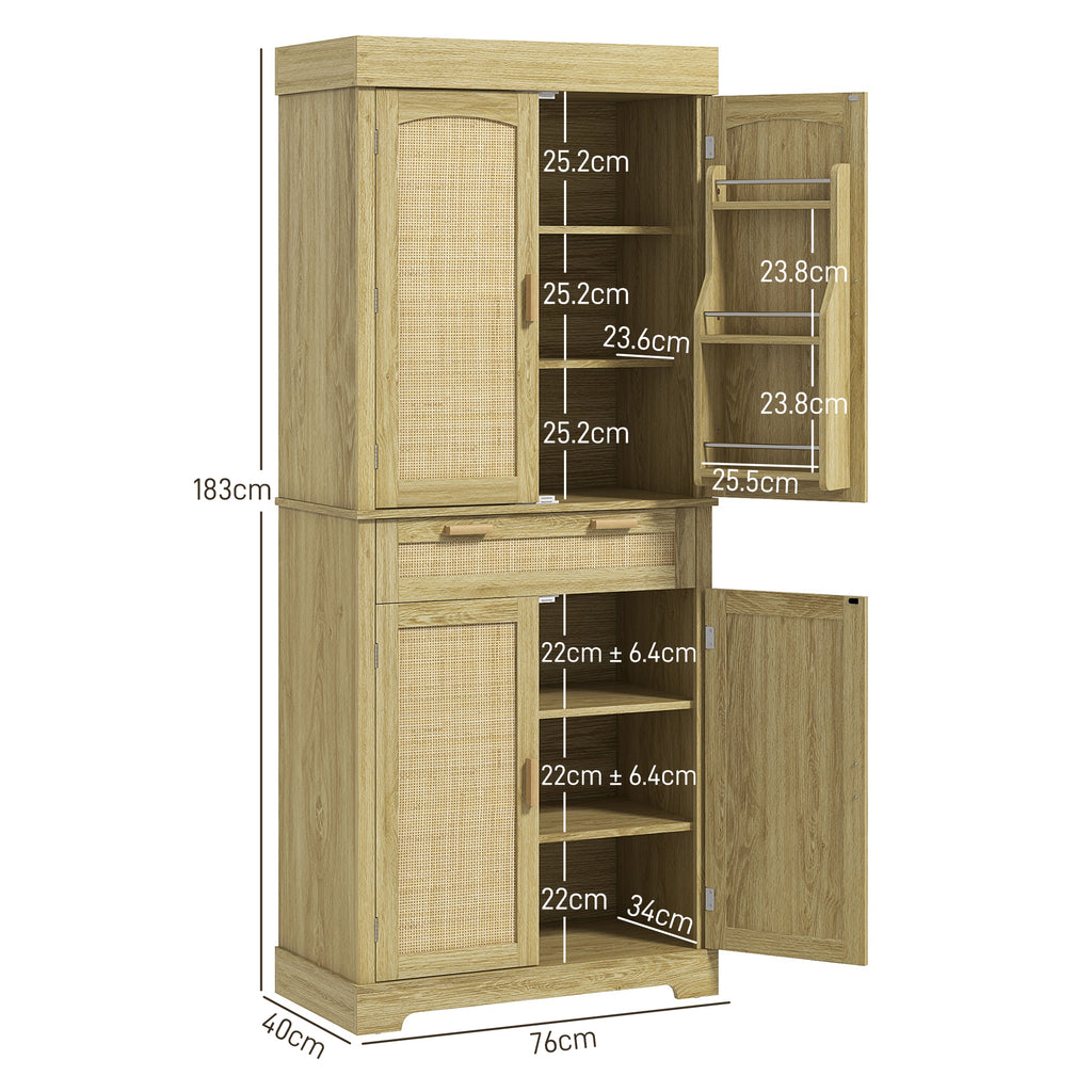 Boho Style Kitchen Sideboard with 2 Cabinets, Drawer and Spice Rack in Wood and Rattan, 76x40x183cm, Oak