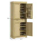 Boho Style Kitchen Sideboard with 2 Cabinets, Drawer and Spice Rack in Wood and Rattan, 76x40x183cm, Oak