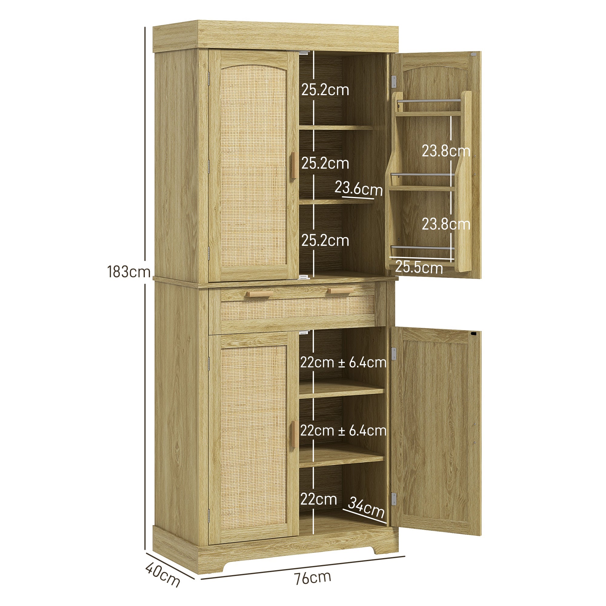 Boho Style Kitchen Sideboard with 2 Cabinets, Drawer and Spice Rack in Wood and Rattan, 76x40x183cm, Oak