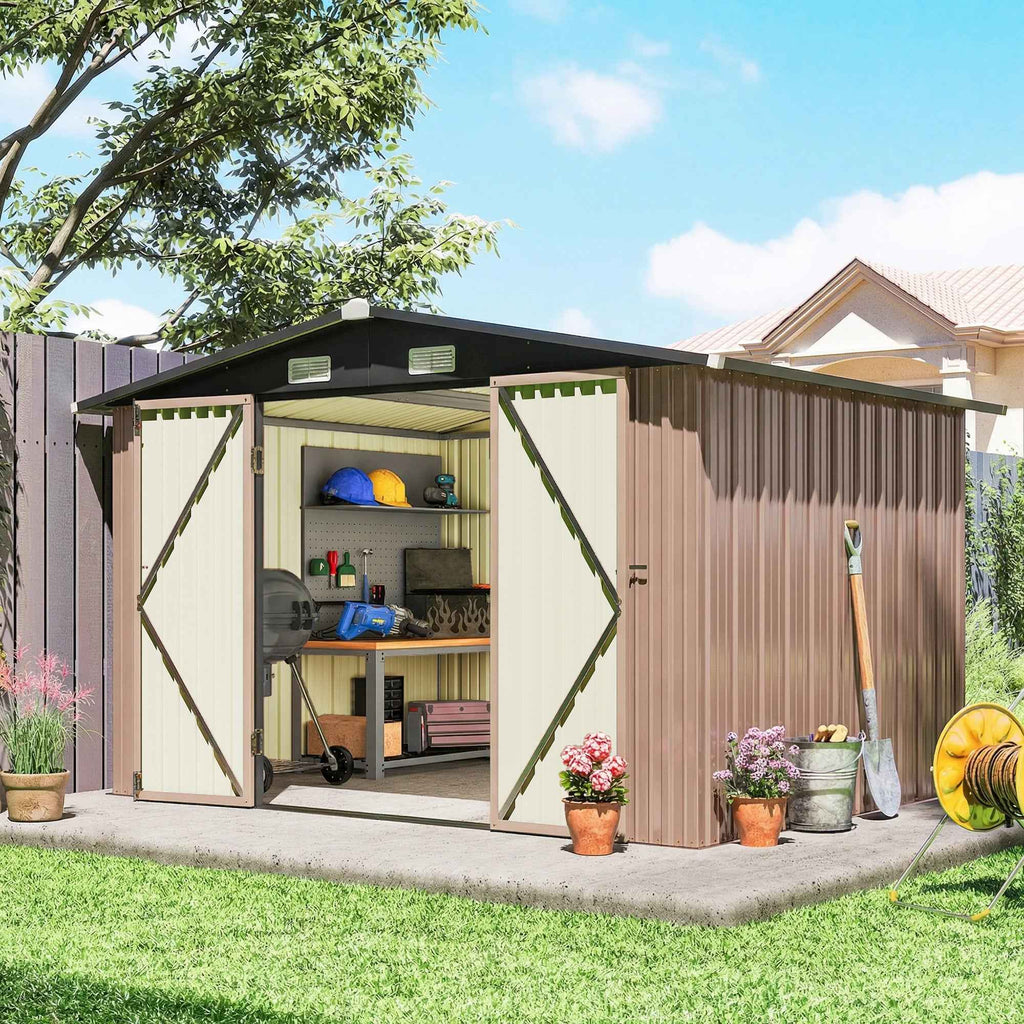 Outsunny 305 x 245 cm Metal Storage Shed, Sturdy Garden Shed with 4 Vents and Lockable Double Doors, Brown