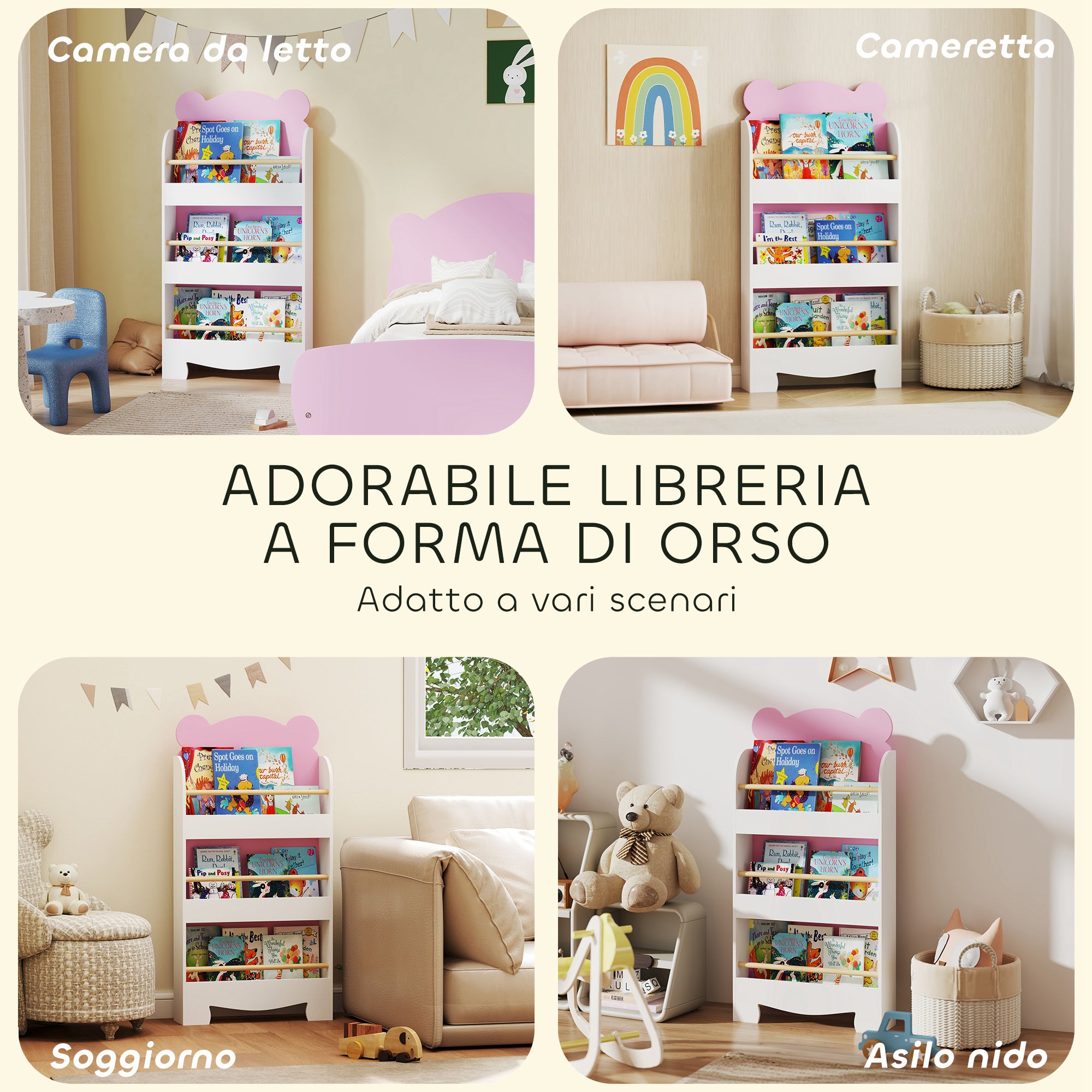 Children's Bookcase with 3 Shelves in the Shape of a Teddy Bear with Front Barriers, 55x15x110 cm, Pink