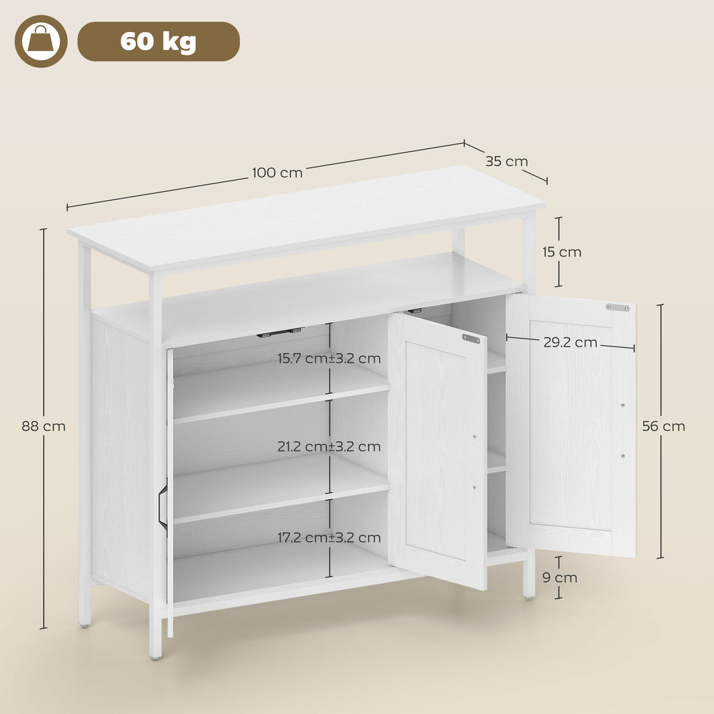 Kitchen Sideboard with Open Shelf and 2 Cabinets, Wood and Steel, 100x35x88 cm, White
