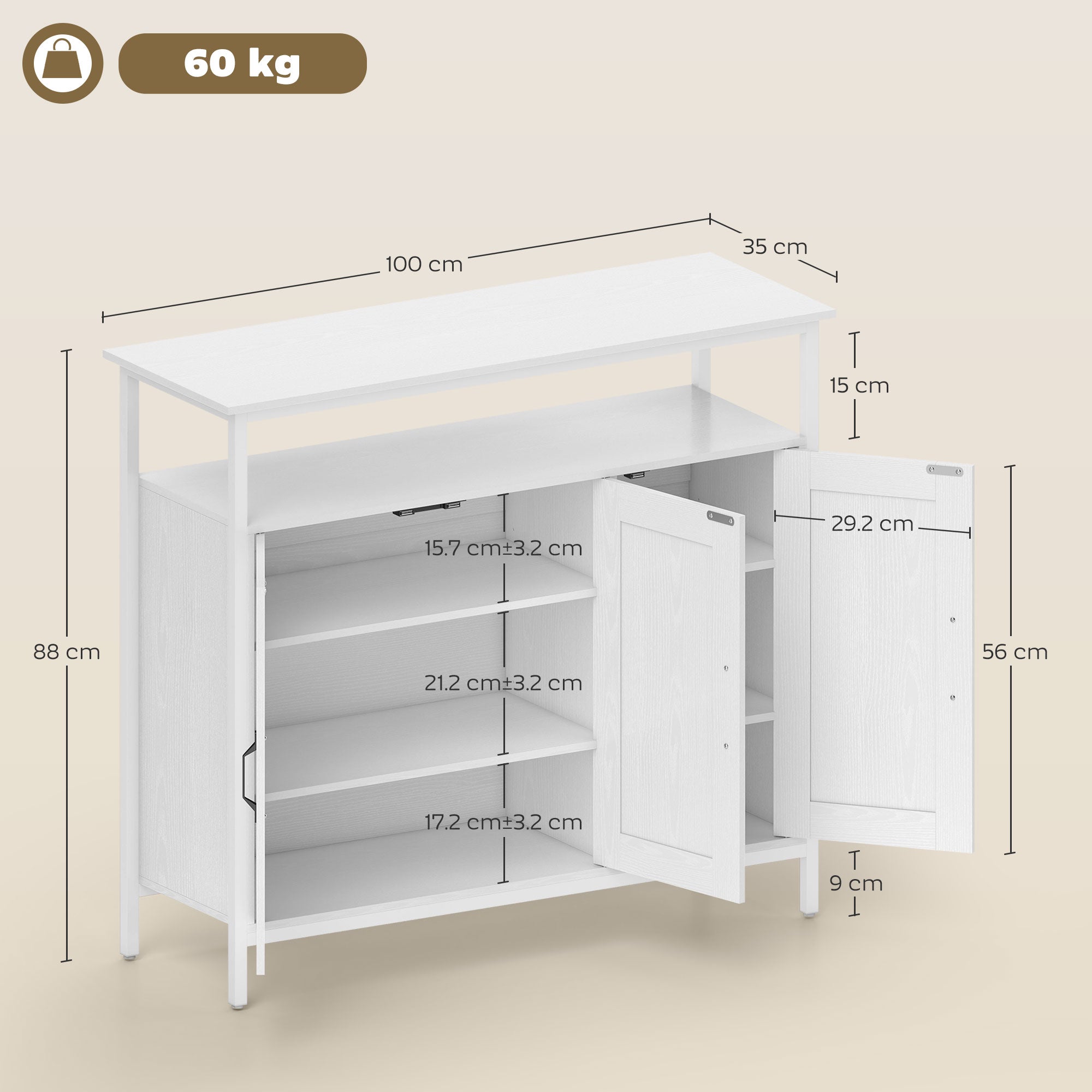 Kitchen Sideboard with Open Shelf and 2 Cabinets, Wood and Steel, 100x35x88 cm, White