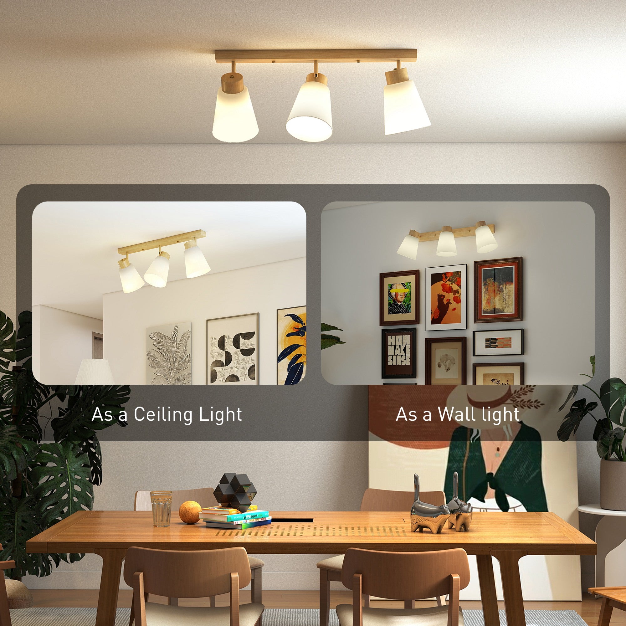 Ceiling Lamp with 3 Adjustable Light Points at 90° and E27 Sockets, Wood Color