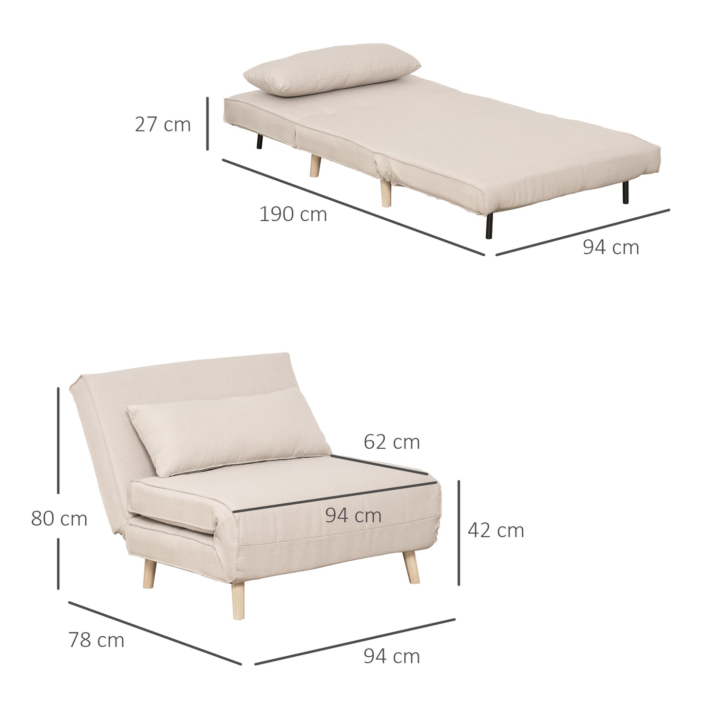 Homcom armchair bed 3 in 1 with reclining backrest in 6 positions, 94x78x80 cm, beige - Borgè