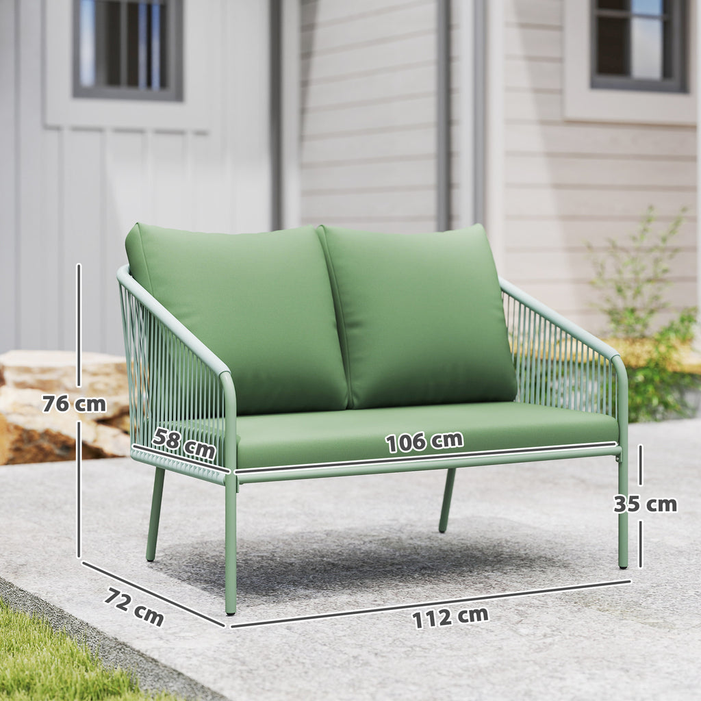 2 Seater PE Rattan Garden Sofa Boho Style with Removable Cushions and Armrests, Green