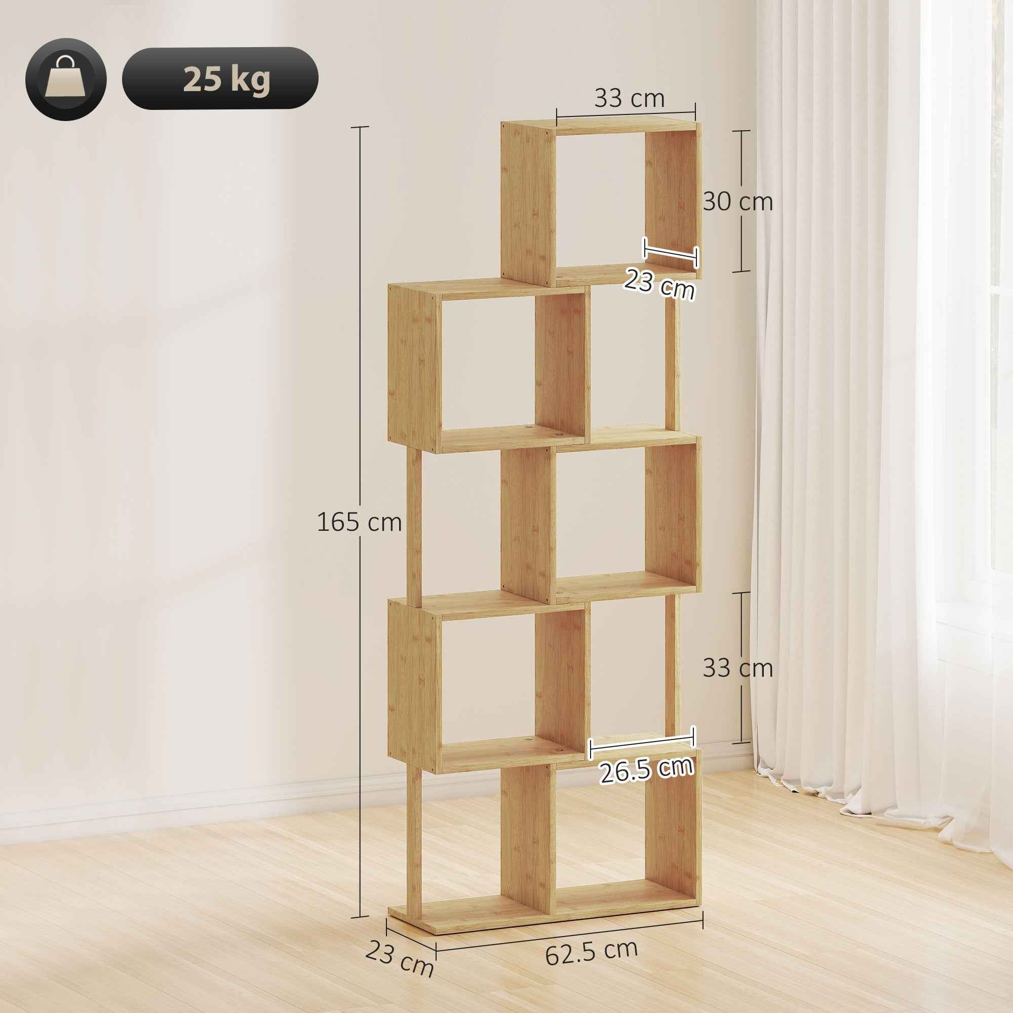 HOMCOM Modern Asymmetrical 5-Tier Bamboo Bookcase, 62.5 x 23 x 165 cm, Natural Wood Color