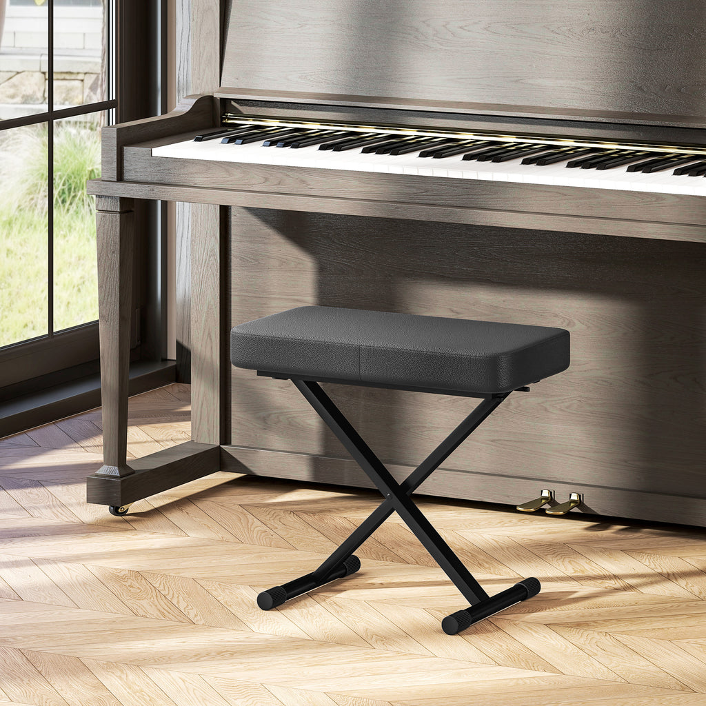 Piano Stool Foldable and Adjustable to 4 Heights, in PU Leather, Foam and Metal, 60x32x53-63 cm, Black