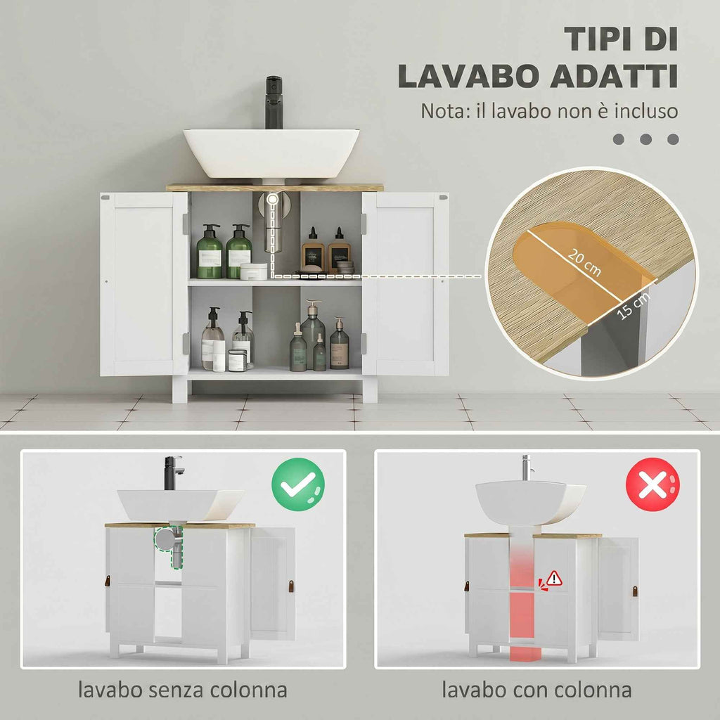 kleankin Bathroom Under Sink Cabinet, 2 Doors, Adjustable Shelf, 2 Storage Levels, PU Handles, 60 x 30 x 60 cm, White