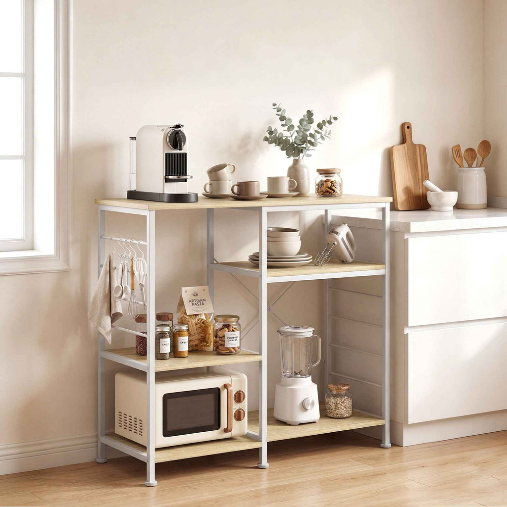 HOMCOM Kitchen Shelf with Wooden and Metal Shelves and 5 Hooks, Space-Saving, 90x39x83.5 cm, Oak