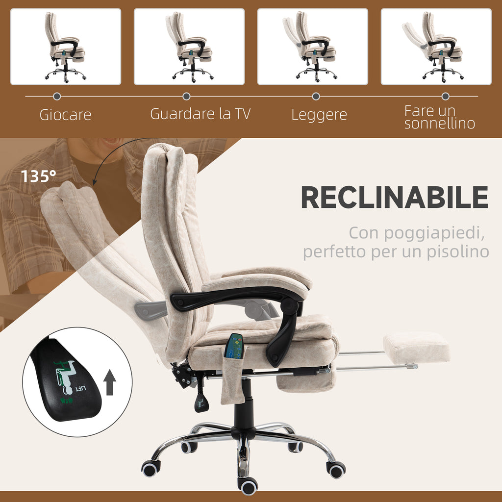 Massage and Heated Office Chair with Footrest, Microfiber, 62x70x113-120 cm, Cream