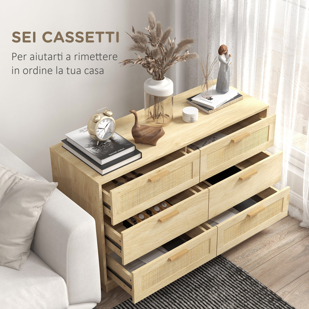 6-Drawer Chest of Drawers, Boho Style, for Bedroom and Entrance, Made of Wood and Rattan, 110x40x69 cm, Oak