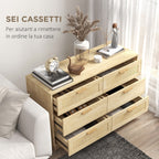 6-Drawer Chest of Drawers, Boho Style, for Bedroom and Entrance, Made of Wood and Rattan, 110x40x69 cm, Oak