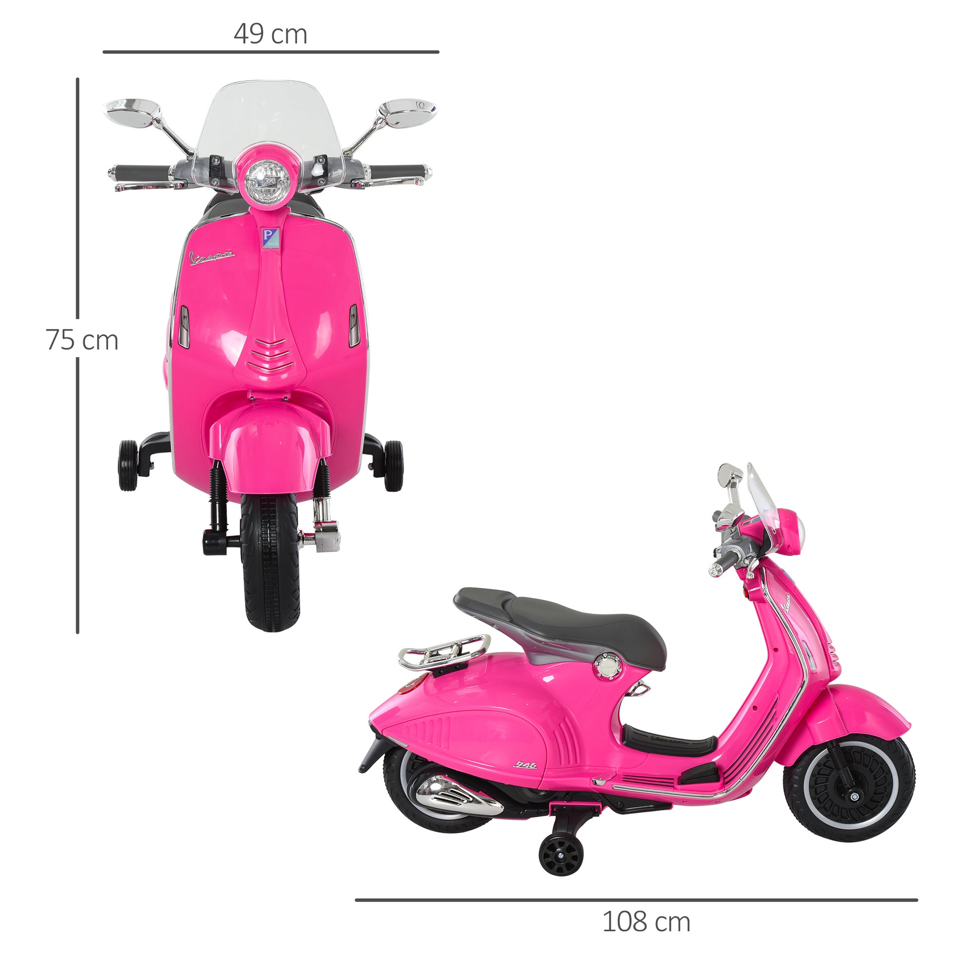 Officially Licensed Vespa Electric Motorcycle for Kids, 2 Wheels, Lights and Sounds, 108x49x75 cm, Pink - Borgè