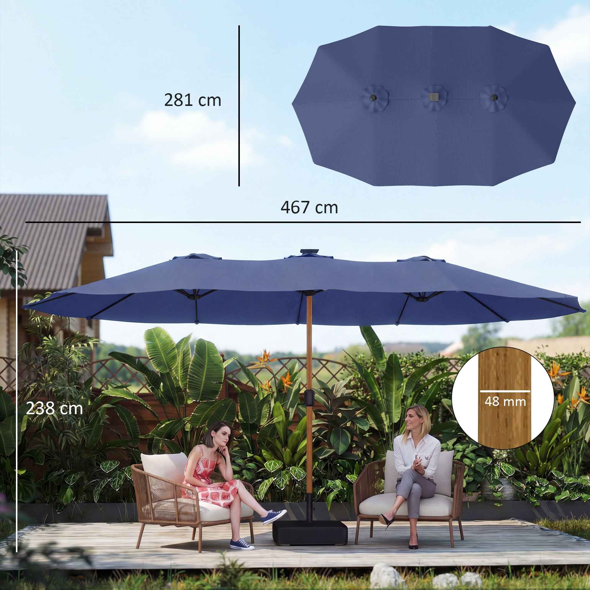 Outsunny 12-Ribbed Double Umbrella with Crank Handle, Cross Base and Sandbags, 4.7 x 2.8 m, Dark Blue