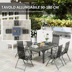 Garden Set with Extendable Glass Table and 6 Folding Outdoor Chairs, Steel and Textilene, Grey