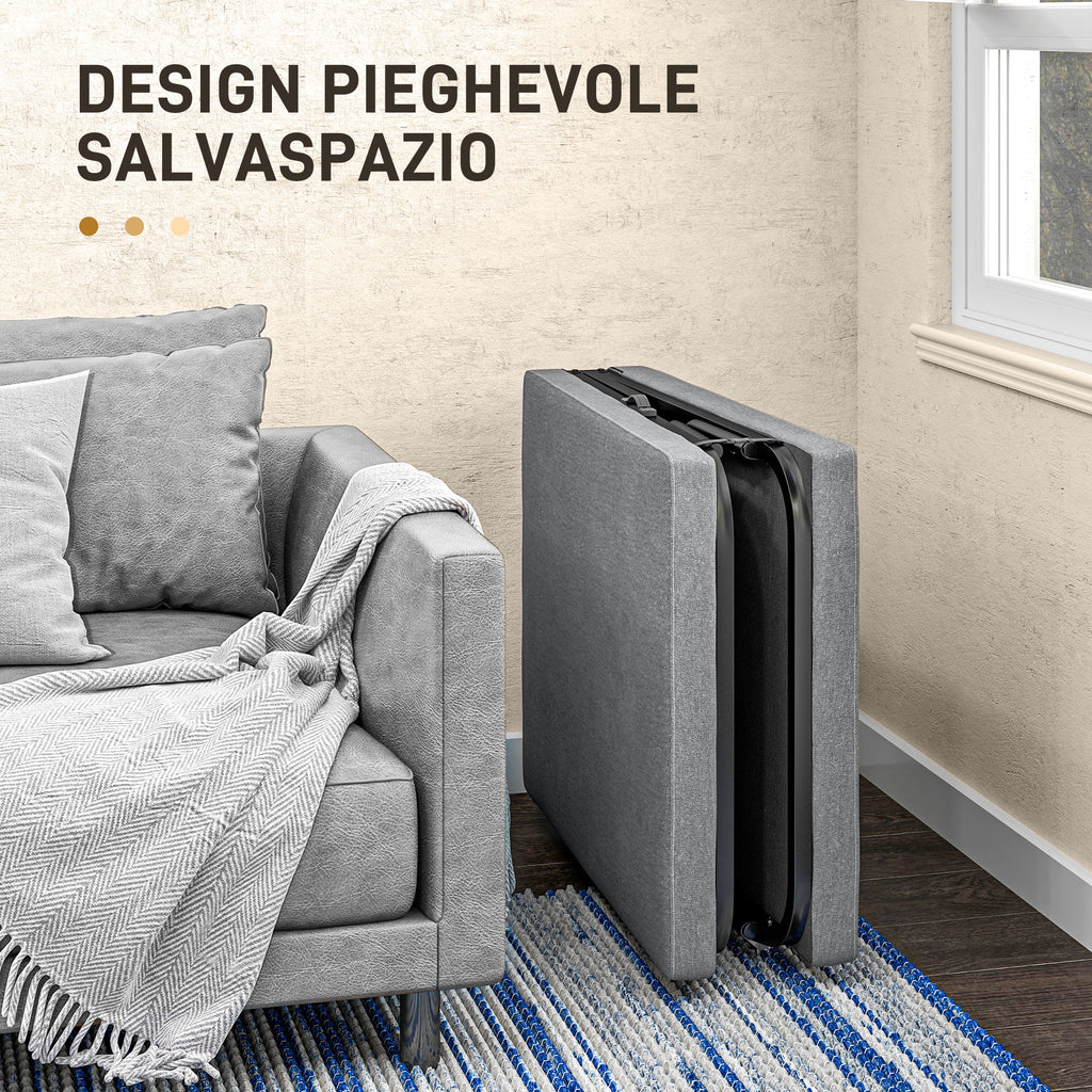 Folding Bed on 5 Levels with Mattress and 4 Casters, in Metal and Linen Effect Fabric, 180x70x38 cm, Gray