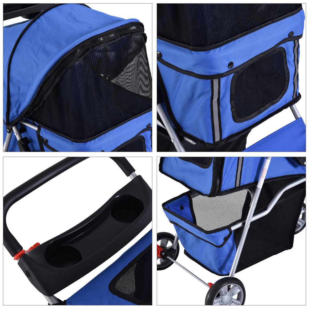 Folding Fabric Dog Stroller with Basket and Cup Holder, 75x45x97 cm, Blue