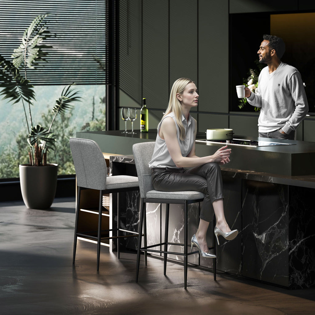 Set of 2 Modern Velvet Bar Stools with Footrest and Backrest, 41x52x97 cm, Grey