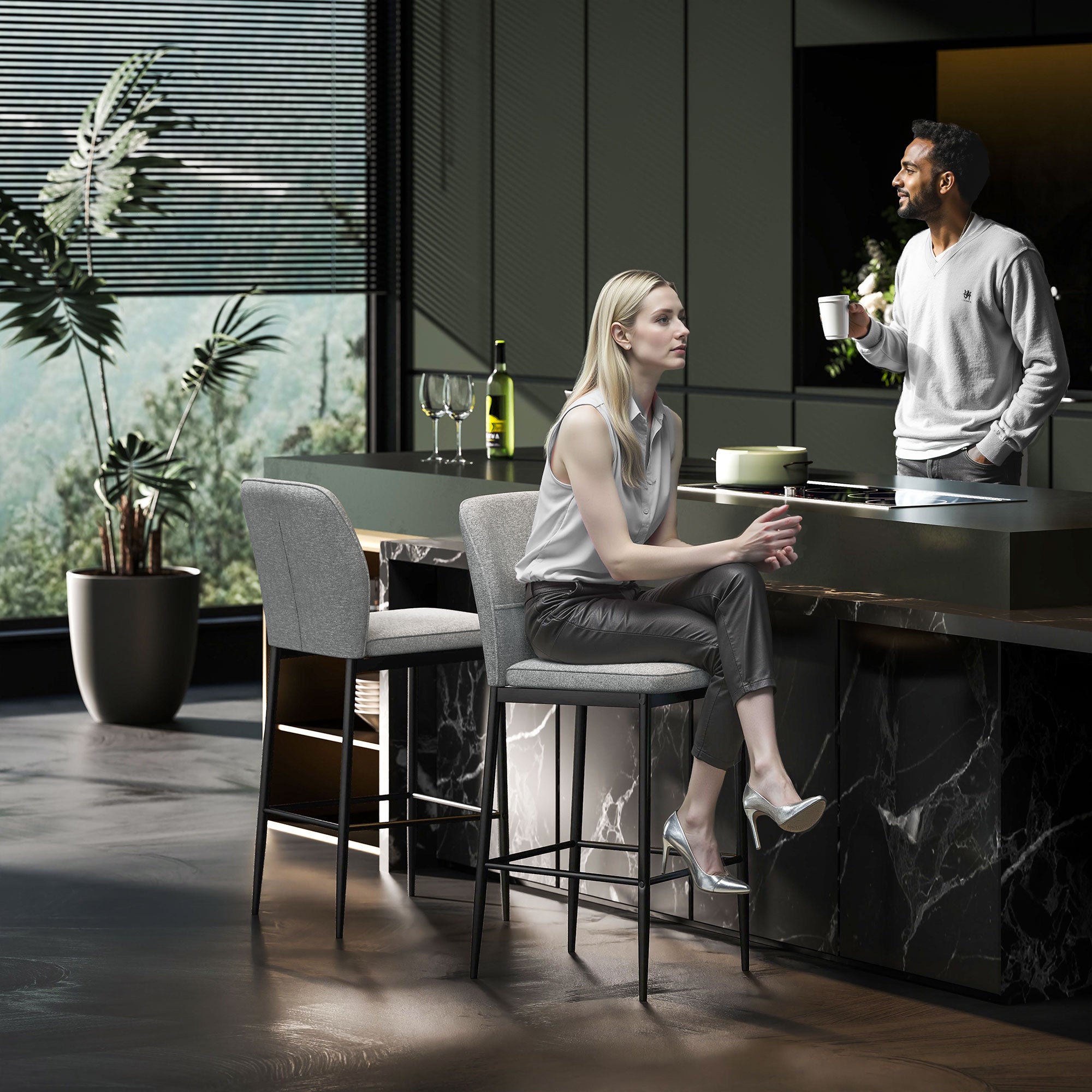 Set of 2 Modern Velvet Bar Stools with Footrest and Backrest, 41x52x97 cm, Grey