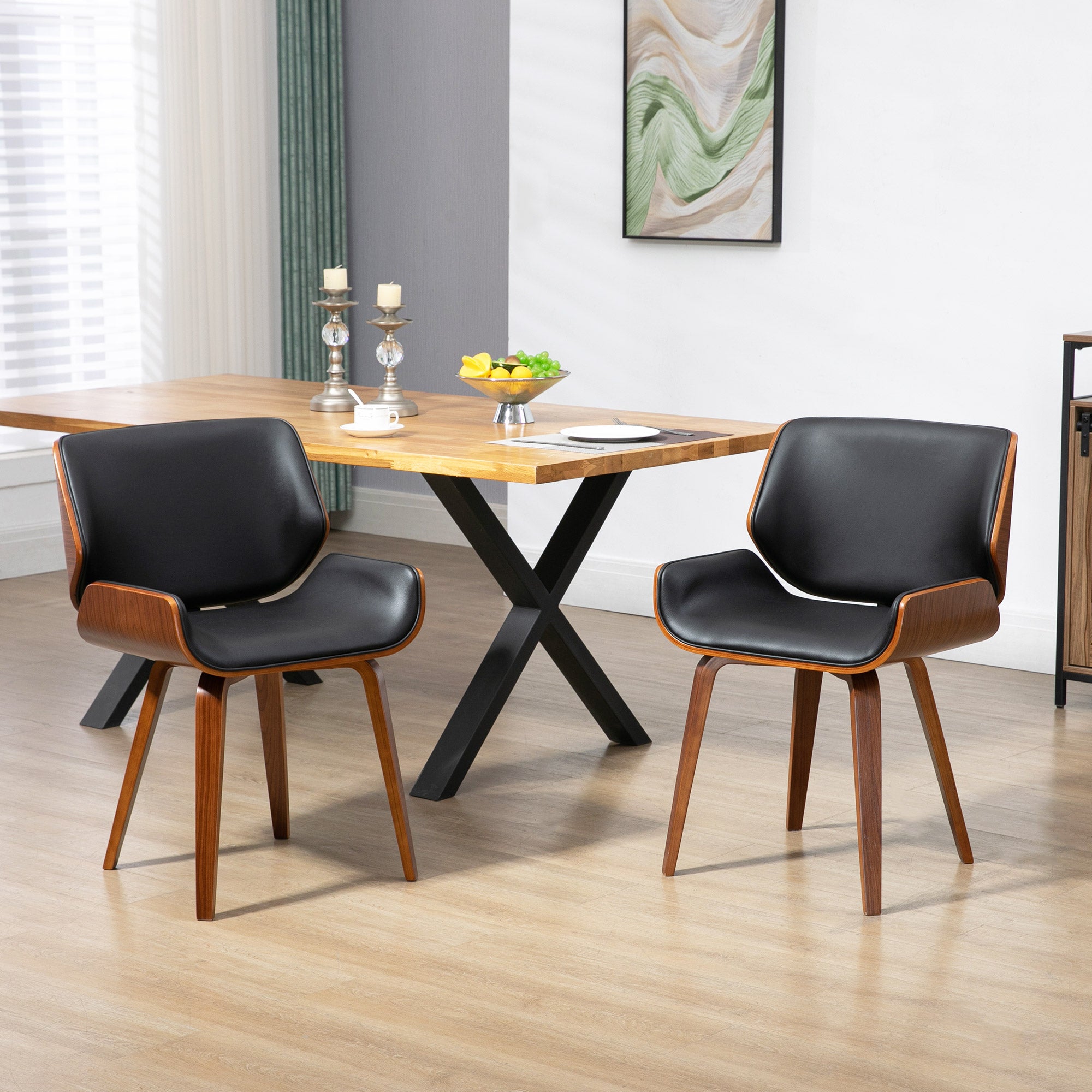 Set of 2 Vintage Style Dining Chairs Padded in Wood and PU Faux Leather, Black and Wood