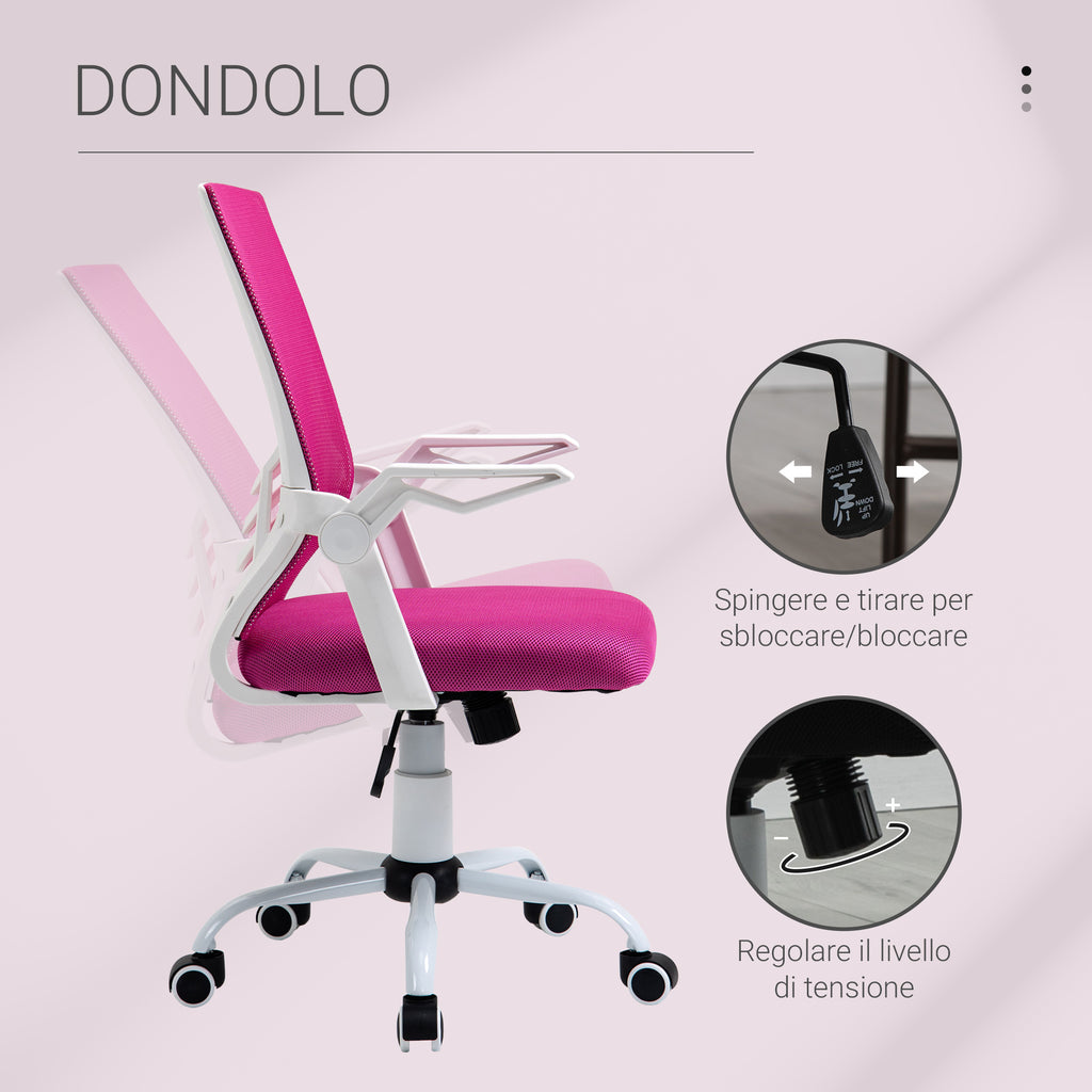 Ergonomic Office Chair with Lumbar Support, Folding Armrests, Breathable Mesh Swivel Desk Chair with Reclining Backrest and Adjustable Height, 120kg Capacity, Pink
