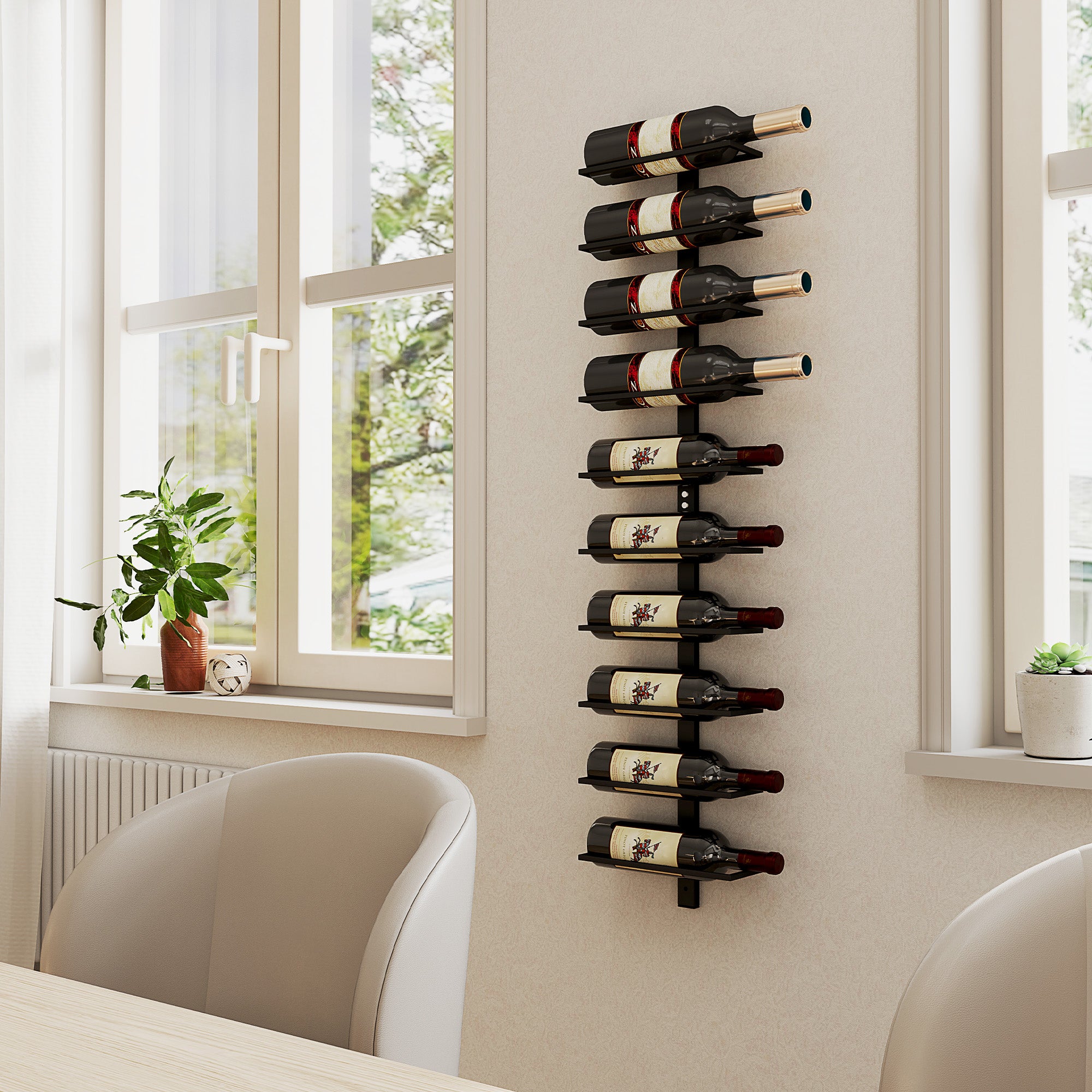 Wall Bottle Rack with 10 Shelves in Black Steel for 10 Bottles, 27x10x116 cm