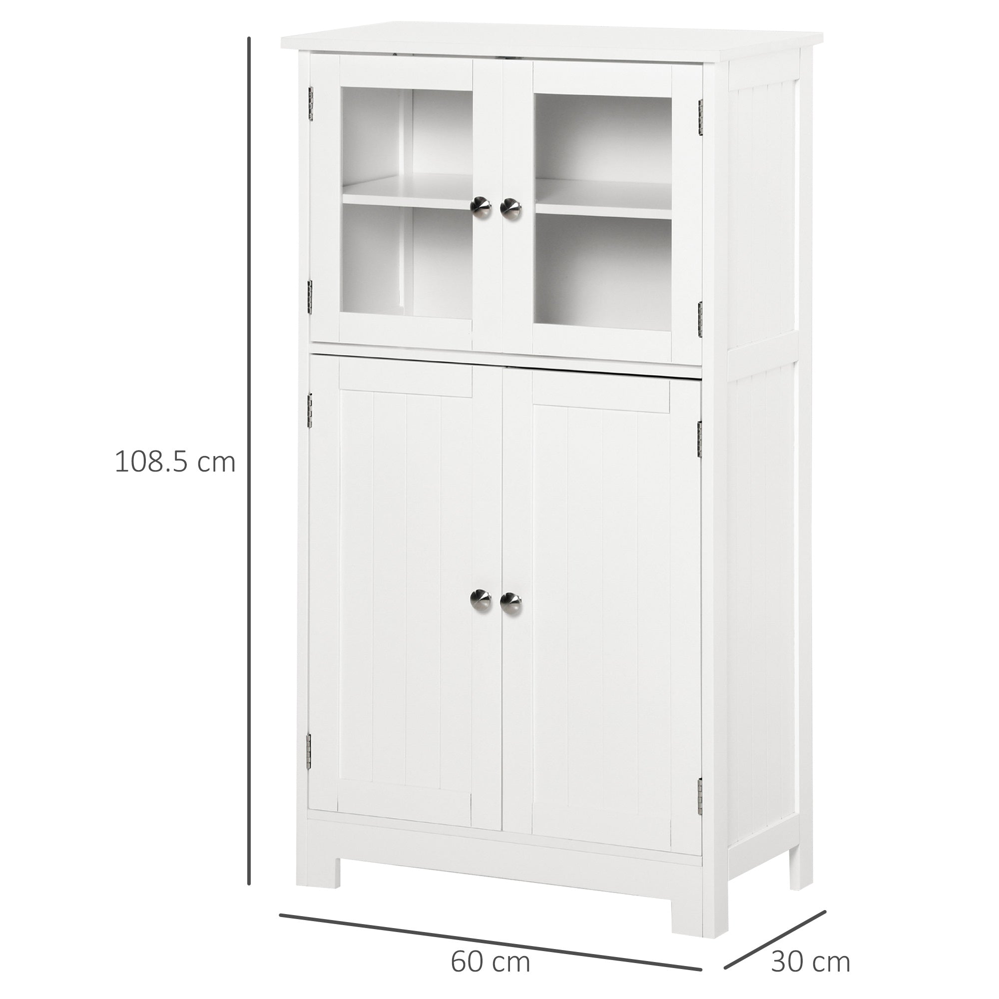 Bathroom Cabinet with Two Cabinets, Glass Doors and Adjustable Shelf, 60x30x108.5 cm, White
