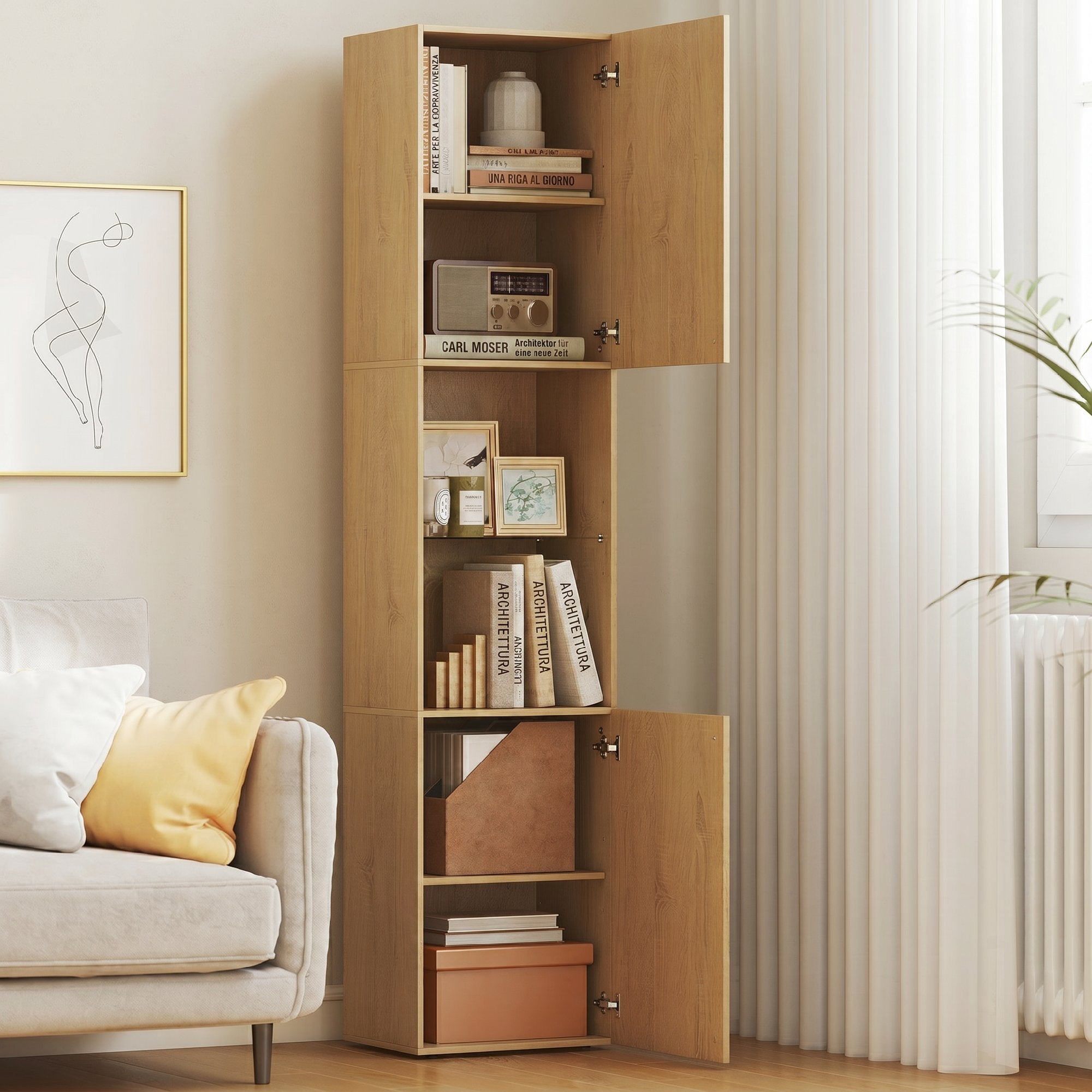 HOMCOM Slim Bathroom Cabinet with 6 Shelves, 2 Doors, Open Compartments, Tempered Glass Shelf, Adjustable Shelves, Oak