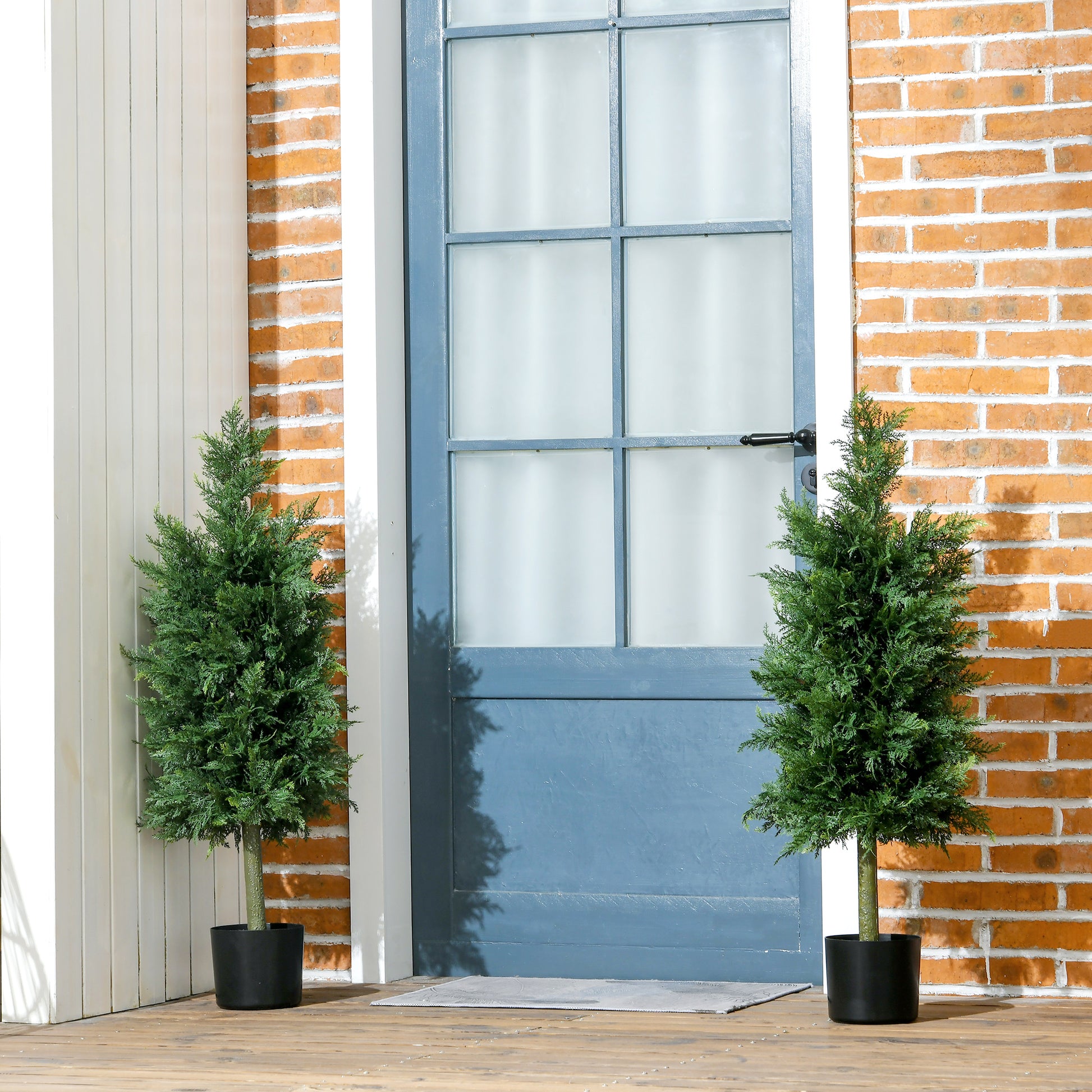 HOMCOM Set of 2 Fake Cedar Plants in PE with PP Plastic Pot, in Steel and Cement, 38x12.5x90 cm, Green - Borgè