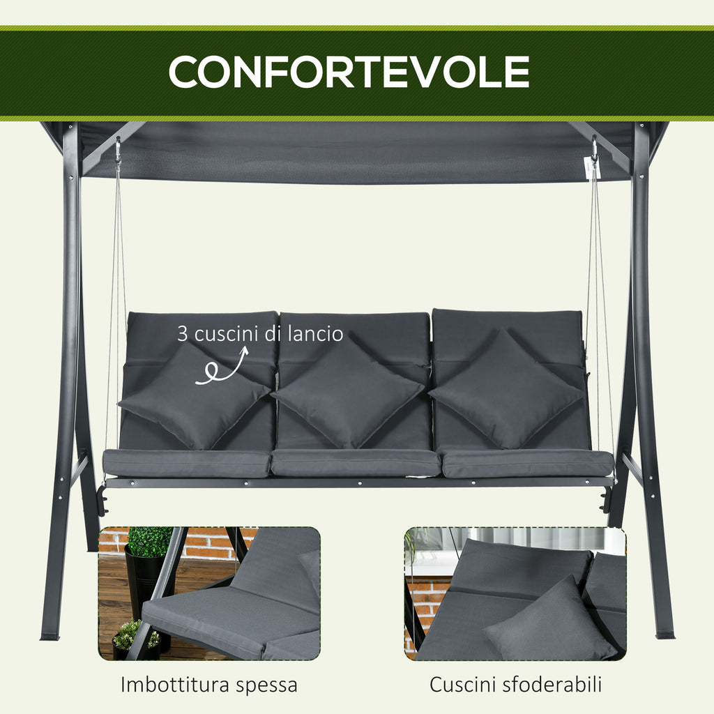 Outsunny 3-Seater Garden Swing with Adjustable Canopy, Steel and Polyester, 202x115x168 cm, Dark Grey