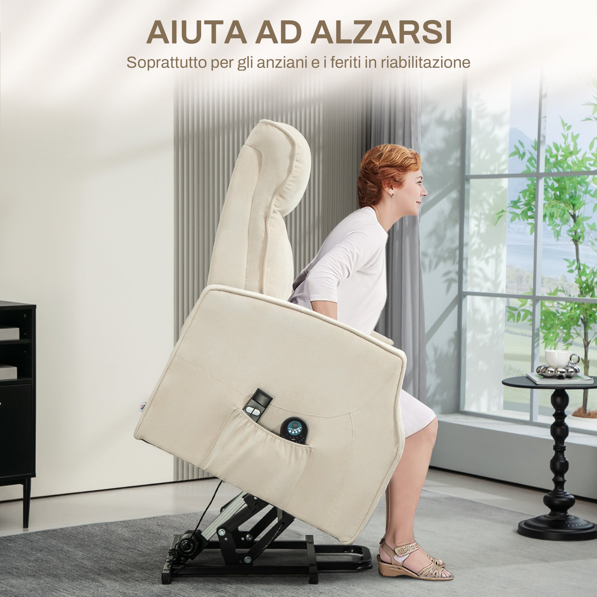 Lift Relax Chair with 8 Massage Points, 135° Reclining and 2 Remote Controls, Cream