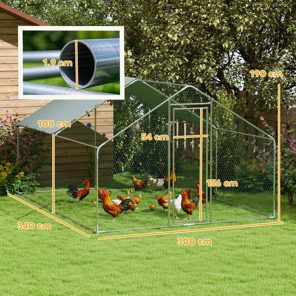 10.2m² Chicken Run for 10-15 Hens with Waterproof Roof, Steel and Fabric, 3x3.4x1.9 m, Silver