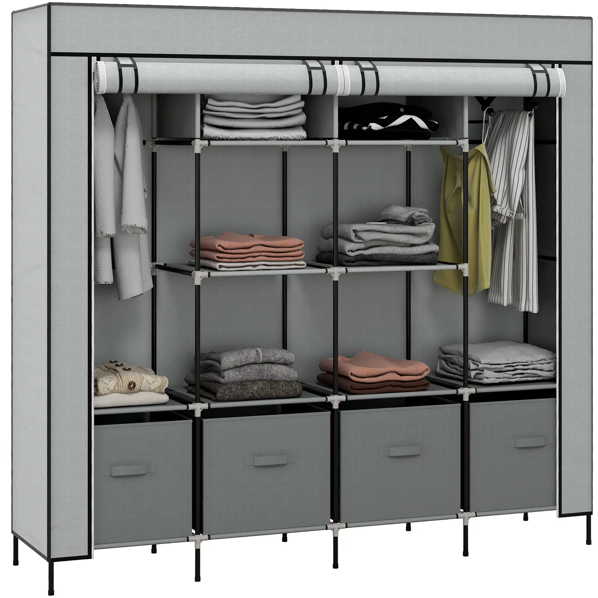 Fabric and Steel Wardrobe with 10 Shelves, 4 Drawers and Hinged Doors, Grey