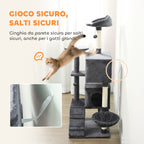 140cm Tall Cat Tree with 2 Houses, Bed and Hammock for 2-3 Cats, Plush Cover, Grey
