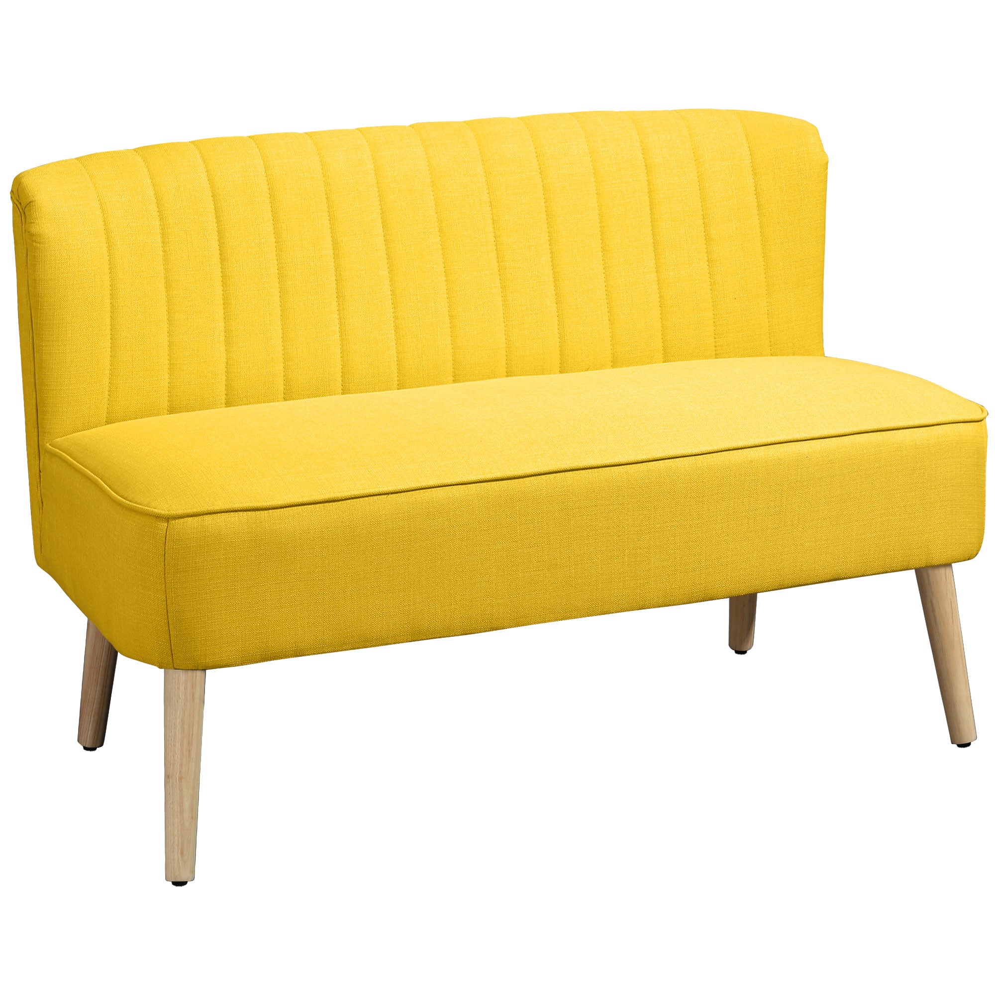 2-Seater Sofa in Linen-Effect Fabric without Armrests with Wooden Legs, 117x56.5x77 cm, Yellow