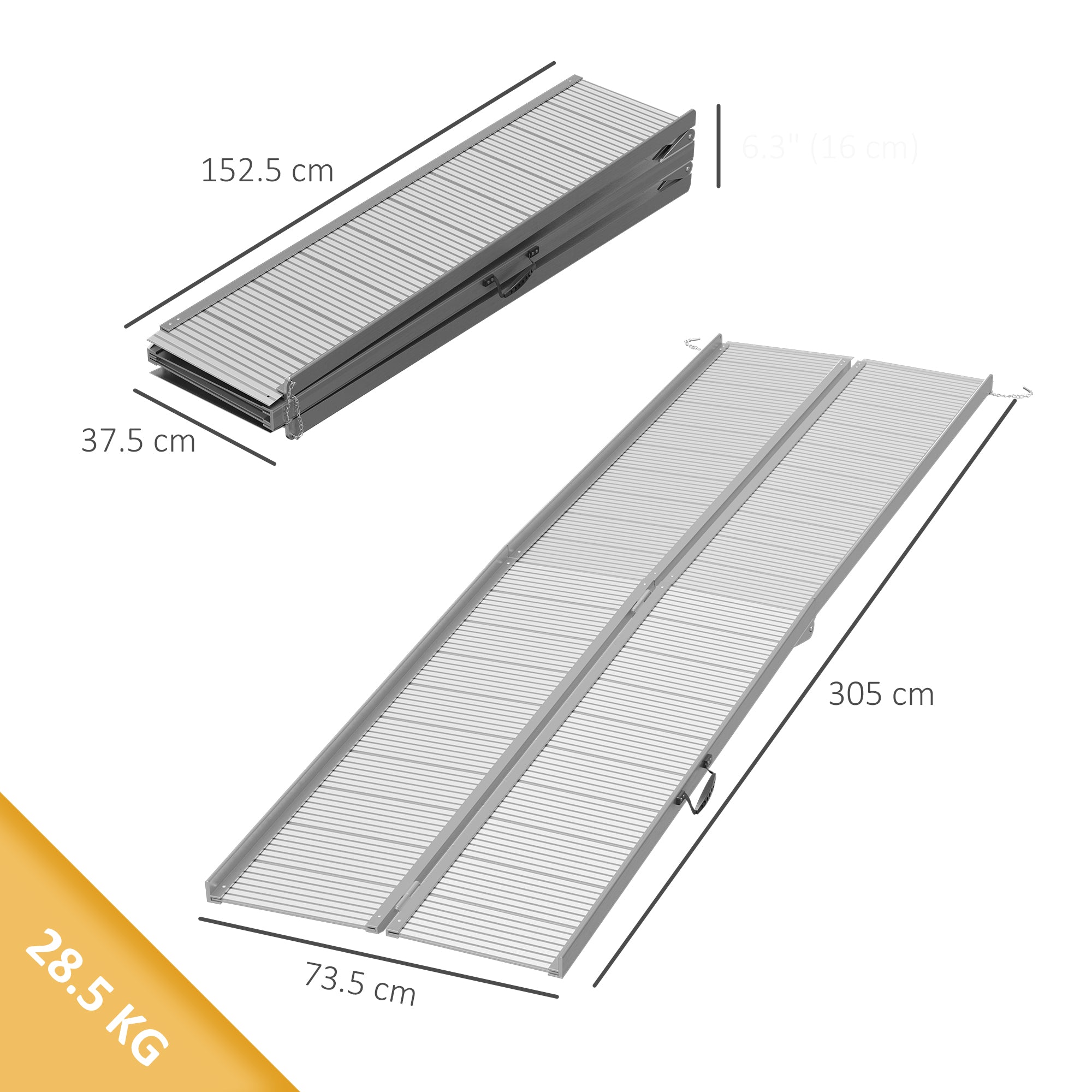 Foldable and Non-Slip Aluminum Wheelchair and Scooter Ramp for the Disabled, 305x73.5x5 cm, Silver